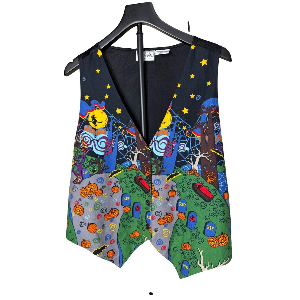 Basic Editions‎ Plus 1X Halloween Vest Black Graveyard Pumpkin Witch Spooky